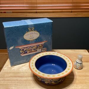 Pfaltzgraff Villa Della Luna Wine Bottle Coaster With Stopper. Blue and Orange.